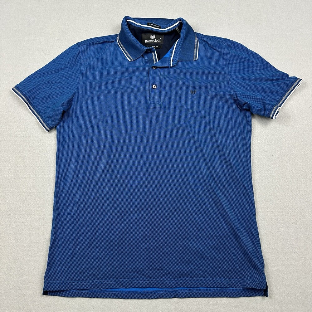 Buttercloth Shirt Men Large Blue Slim Fit Short Sleeve Polo Icy Cotton Logo L